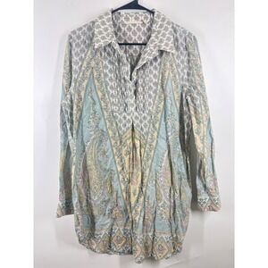 Soft Surroundings Paisley Floral Cotton Tunic Shirt Mint Pink Yellow L